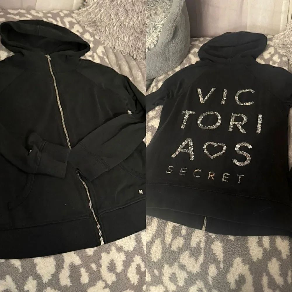 Victoria's Secret black full zip jacket w/bling silver sequin VS logo & heart